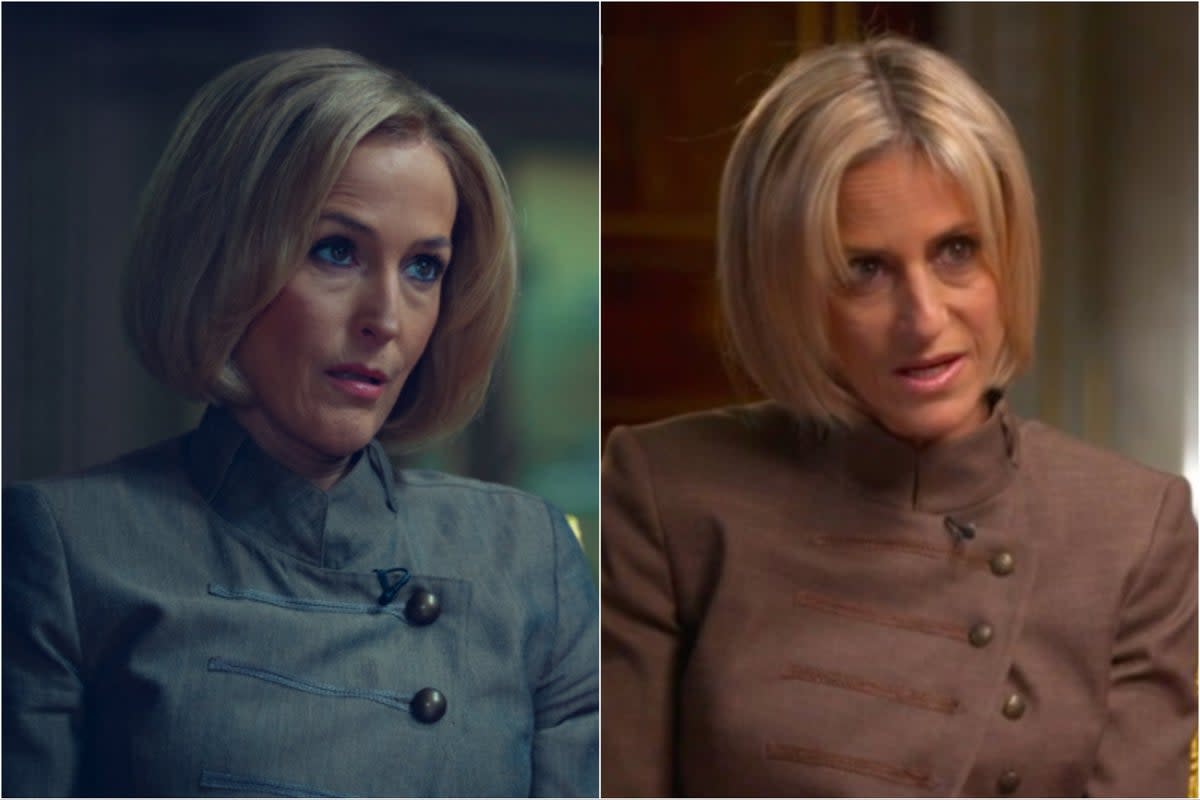 Gillian Anderson as Emily Maitlis in ‘Scoop’, alongside Maitlis during the Newsnight interview (Netflix / Channel 4)