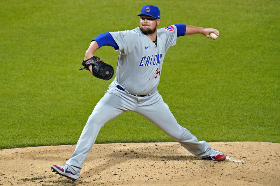 Chicago Cubs starting pitcher Jon Lester delivers during the third inning of a baseball game against the Pittsburgh Pirates in Pittsburgh, Monday, Sept. 21, 2020. (AP Photo/Gene J. Puskar)