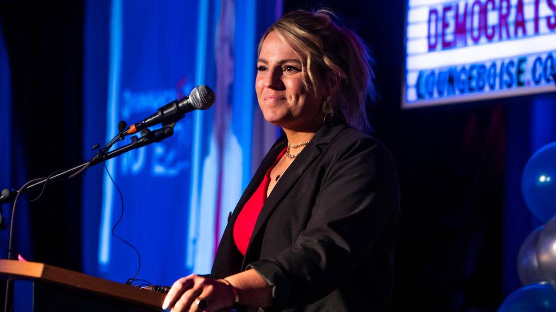 Kaylee Peterson, Democratic candidate for the 1st Congressional District, speaks during the Idaho Democratic Party event at the Lounge at the End of the Universe on Tuesday in Boise.