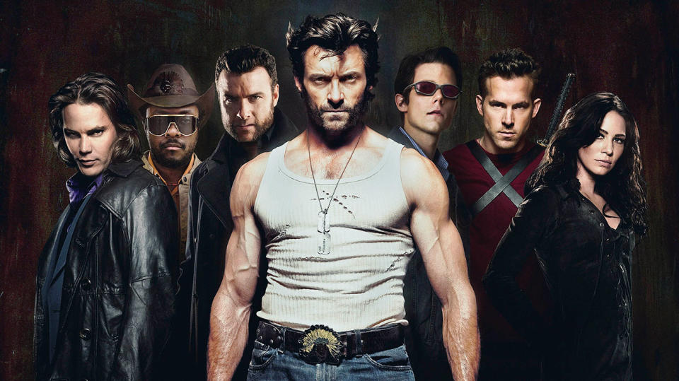 X-Men Origins: Wolverine: (LR) Taylor Kitsch (Gambit), Will.i.am (John Wraith), Liev Schreiber (Sabretooth), Hugh Jackman (Wolverine), Tim Pocock (Cyclops), Ryan Reynolds (Wade Wilson), Lynn Collins (Silverfox) (20th Century Fox)