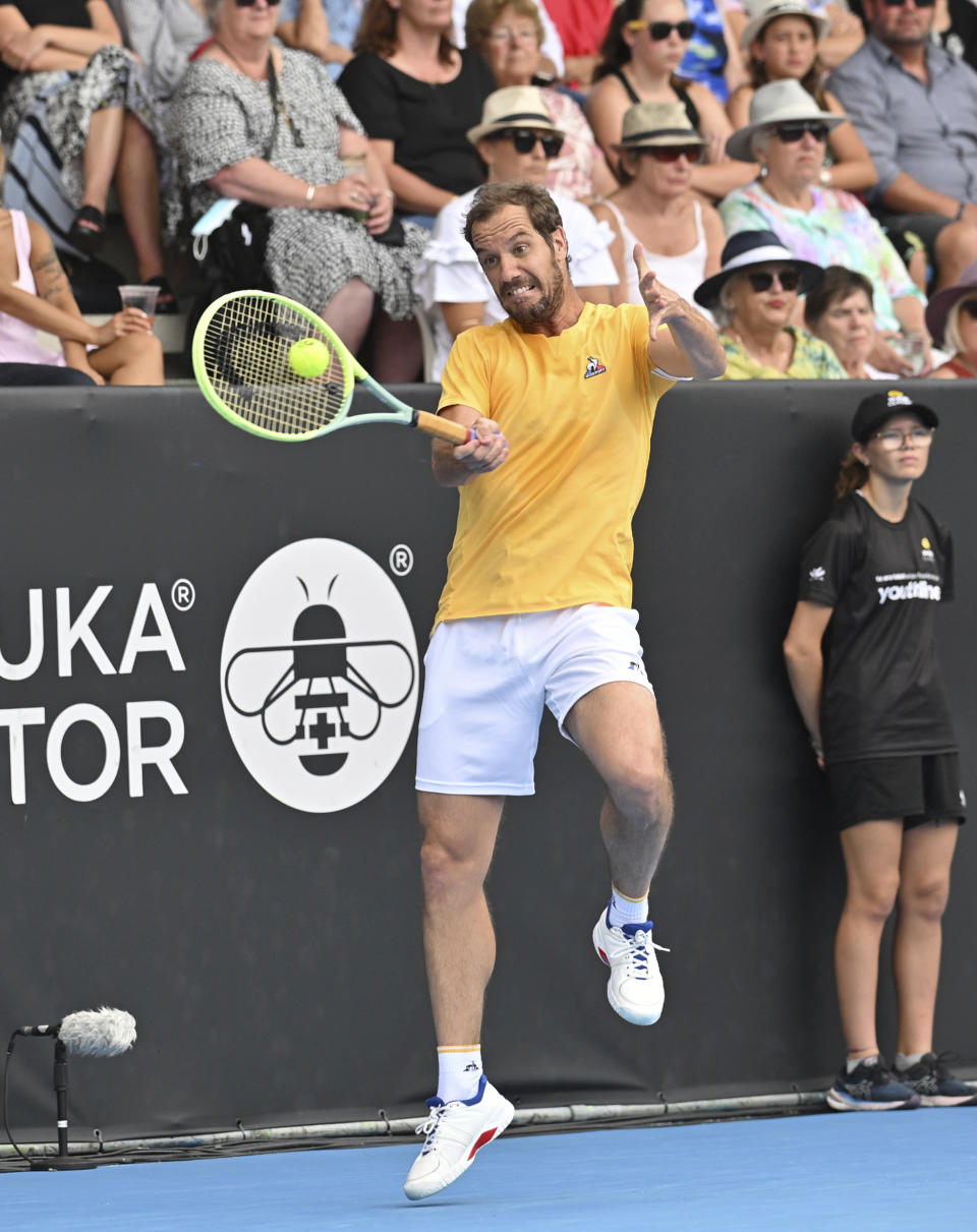 Richard Gasquet of France plays a return shot to Cameron Norrie of Britain in the mens singles final of the ASB Classic tennis event in Auckland, New Zealand, Saturday, Jan. 14, 2023. (Andrew Cornaga/Photoport via AP)