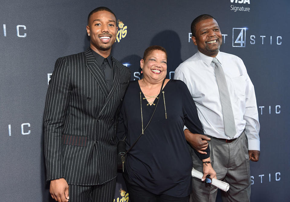 Michael B. Jordan poses with his parents Donna and Michael B. Jordan at the New York premiere of "Fantastic Four" at Williamsburg Cinemas on August 4, 2015