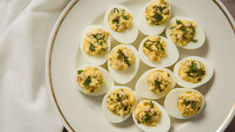 deviled eggs on white plate