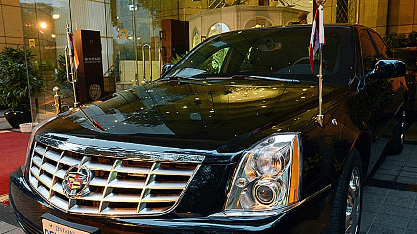 Prime Minister Stephen Harper's armoured Cadillac with Ontario plates is pictured in Dehli, India in November, 2012. 