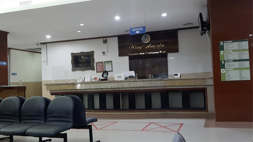This image from a video shows the reception desk inside Amerta pavilion at the Sanglah Hospital in Denpasar, Bali, Indonesia Monday, Nov. 14, 2022. Russian Foreign Minister Sergey Lavrov was taken to the hospital after suffering a health problem following his arrival for the Group of 20 summit in Bali, multiple Indonesian authorities said Monday. Four Indonesian government and medical officials told The Associated Press that Lavrov was receiving treatment at the Sanglah Hospital. (AP Photo)