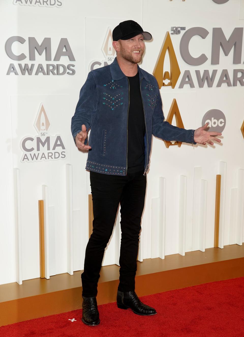 Cole Swindell arrives for the 56th CMA Awards at Bridgestone Arena Wednesday, Nov. 9, 2022, in Nashville, Tenn. 