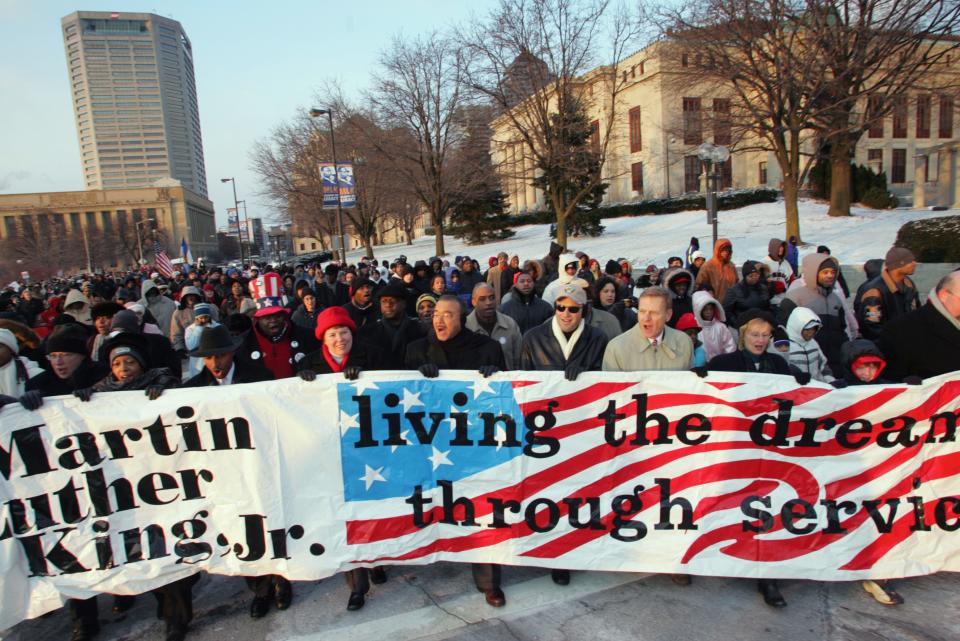 The annual Martin Luther King Day march leaves City Hall on the way to Veteran's Memorial in 2005