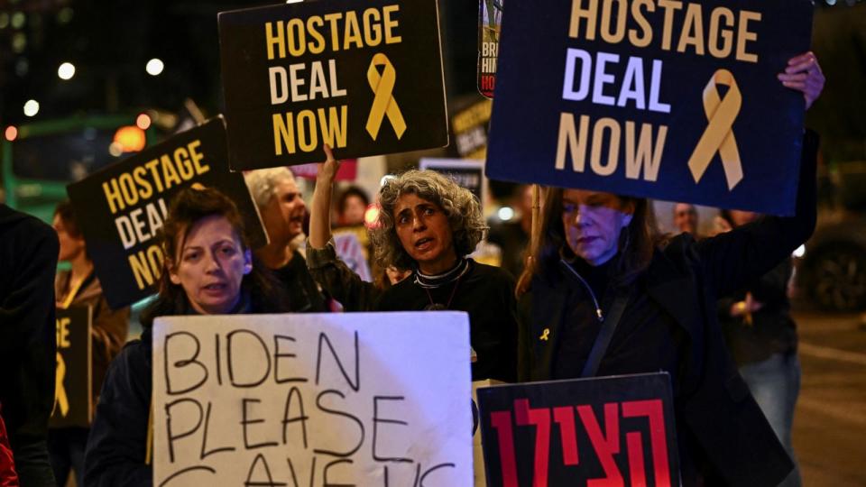 PHOTO: Demonstrators block traffic as they take part in a rally calling for the release of hostages kidnapped in the deadly October 7 attack on Israel by the Palestinian Islamist group Hamas from Gaza, in Tel Aviv, Israel, Feb. 26, 2024.  (Dylan Martinez/Reuters)