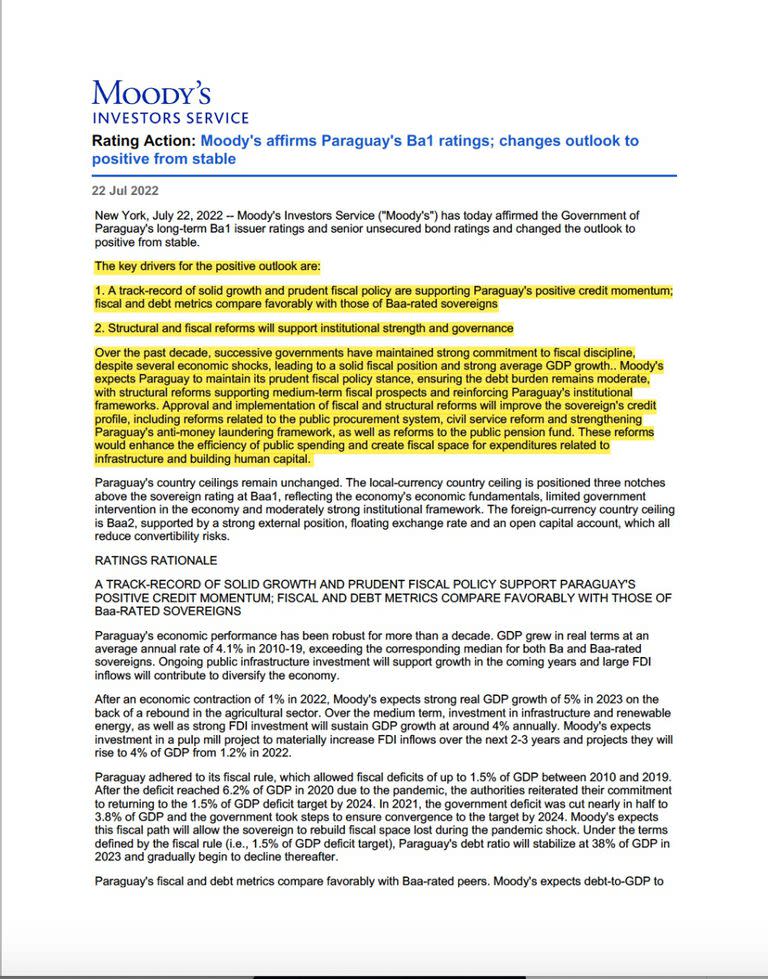 Moody's elevó la perspectiva financiera de Paraguay a positiva