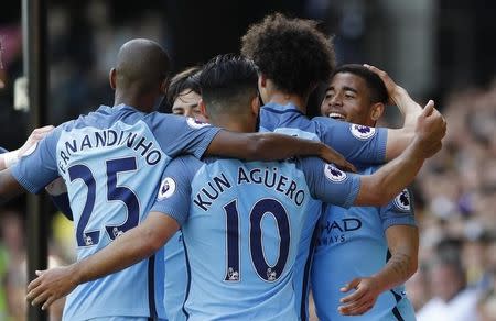Britain Football Soccer - Watford v Manchester City - Premier League - Vicarage Road - 21/5/17 Manchester City's Gabriel Jesus celebrates scoring their fifth goal with team mates Reuters / Stefan Wermuth Livepic