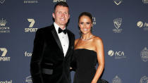 Peter Siddle and wife Anna Weatherlake arrive ahead of the 2020 Cricket Australia Awards. (Photo by Graham Denholm/Getty Images)