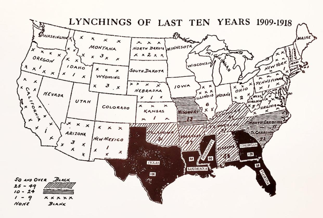 An early 20th-century NAACP map showing lynchings between 1909 and 1918. The maps were sent to politicians and newspapers in an effort to spur legislation protecting Black Americans. <a href="https://www.loc.gov/static/classroom-materials/naacp-a-century-in-the-fight-for-freedom/documents/lynching.pdf" rel="nofollow noopener" target="_blank" data-ylk="slk:Library of Congress;elm:context_link;itc:0;sec:content-canvas" class="link ">Library of Congress</a>