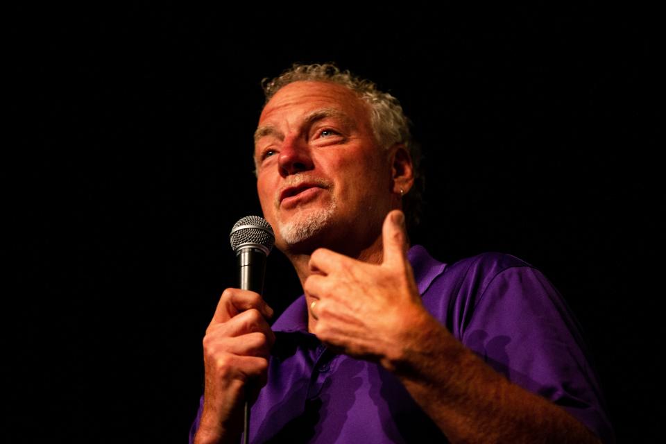 Pastor Keith Mannes speaks during a Vote Common Good event Monday, Aug. 1, 2022, at Park Theatre in downtown Holland.