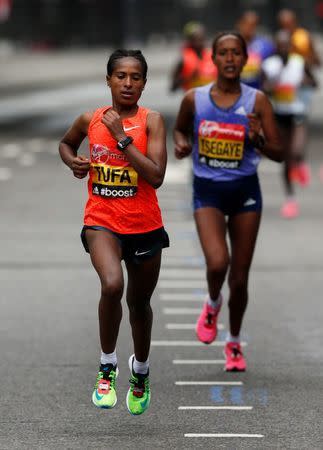 Athletics - Virgin Money London Marathon - London - 26/4/15 Ethiopia's Tigist Tufa during the Women's Elite race Action Images via Reuters / Andrew Boyers Livepic