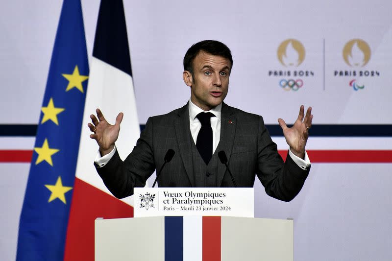 FILE PHOTO: Macron delivers his wishes for the Paris 2024 Olympic Games