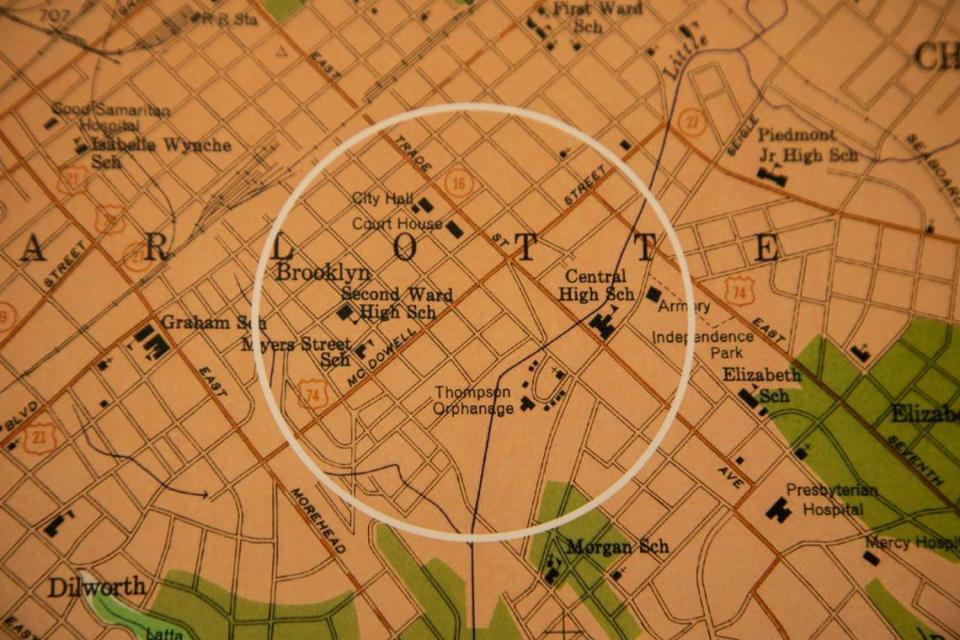 USGS topographic map showing the city of Charlotte in 1948. The circle highlights Central High School and Second Ward High School. Provided by United States Geological Survey.