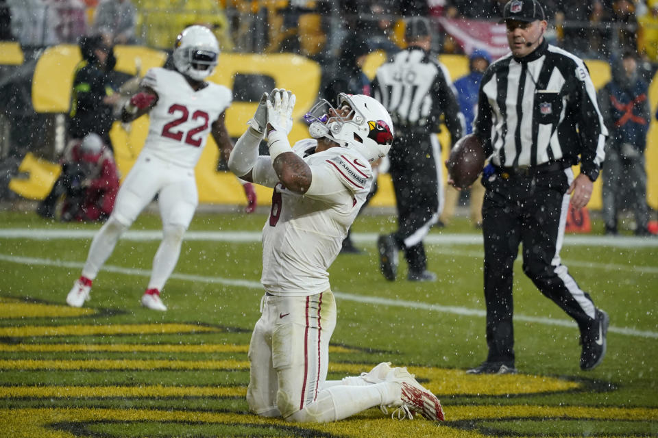 Arizona Cardinals running back James Conner celebrates his touchdown run against the Pittsburgh Steelers as Cardinals running back Michael Carter (22) looks on during the second half of an NFL football game Sunday, Dec. 3, 2023, in Pittsburgh. (AP Photo/Gene J. Puskar)