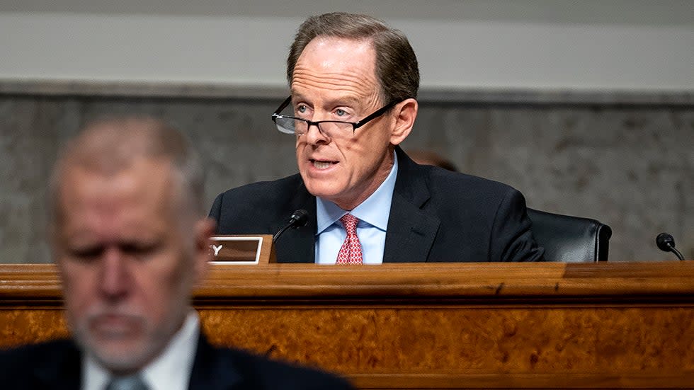 Sen. Pat Toomey (R-Pa.) gives an opening statement during a Senate Banking, Housing, and Urban Affairs Committee hearing to discuss oversight of the Department of Treasury and Federal Reserve over the CARES Act on Tuesday, November 30, 2021.