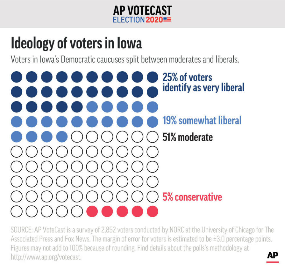 AP VoteCast shows the ideological breakdown of Iowa's Democratic voters.;