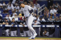 New York Yankees' Anthony Rizzo draws a walk during the first inning of the team's baseball game against the Miami Marlins, Friday, July 30, 2021, in Miami. (AP Photo/Lynne Sladky)