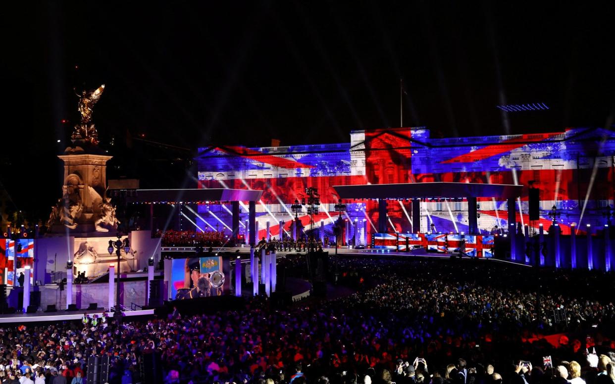 A Union Jack flag projection is seen during the Platinum Party At The Palace at Buckingham Palace - Hannah McKay