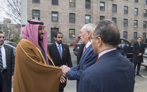 Maher Abdulaziz Mutreb, one of 15 Saudi suspects in the suspected killing of Jamal Khashoggi, is seen far right, accompanying Crown Prince Mohammed bin Salman in Boston - Credit: Getty