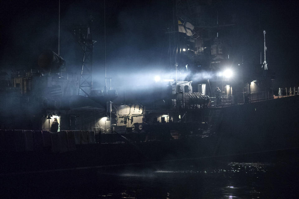 Ukrainian navy corvette Ternopil is anchored at Ukrainian navy base in Sevastopol, Ukraine, early Tuesday, March 4, 2014. Russian troops said to be 16,000 strong tightened their stranglehold on Ukraine's Crimean Peninsula Monday, openly defying the U.S. and the European Union and rattling world capitals and stock markets. (AP Photo/Andrew Lubimov)