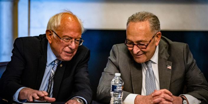Senate Majority Leader Chuck Schumer and Budget Committee Chairman Bernie Sanders hold a meeting with Budget Committee Democrats at the Capitol on June 16, 2021.