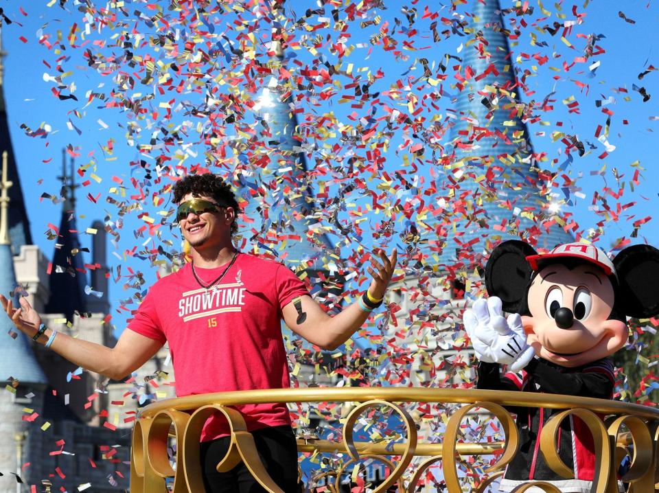 Patrick Mahomes visits Disney World after winning the Super Bowl in 2020.