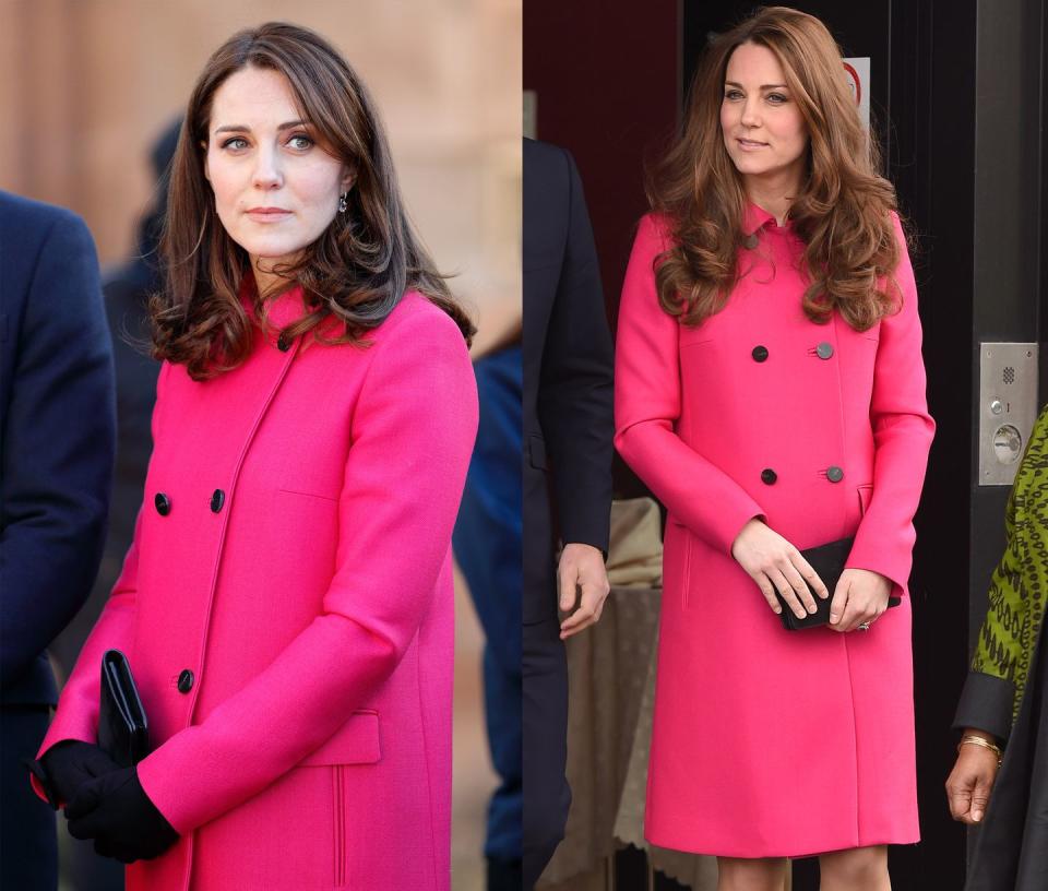 <p>Middleton has worn her fuchsia Mulberry coat through all of her three pregnancies, pictured here in January 2018 and March 2015, while she was carrying Prince Louis and Princess Charlotte. </p>