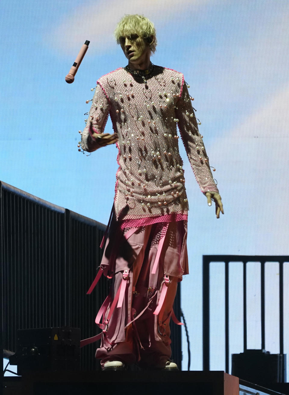 Machine Gun Kelly performs during day one of the Bud Light Super Bowl Music Fest on Thursday, Feb. 10, 2022, at Crypto.com Arena in Los Angeles. (AP Photo/Chris Pizzello)