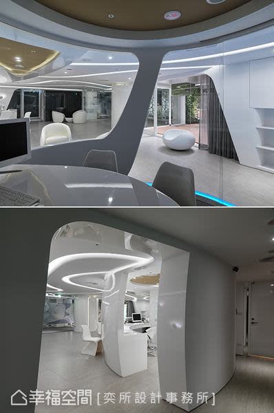 圓弧線條和有機線條設計的白色座椅，營造出如太空艙的意象，為空間注入現代感與科技感。