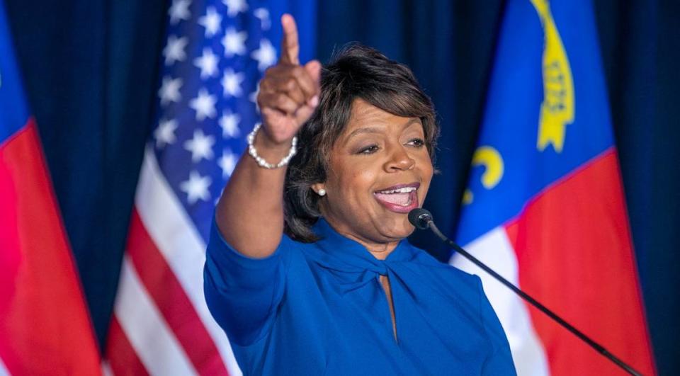 Democratic U.S. Senate candidate Cheri Beasley thanks her supporters following her primary victory acceptance speech on Tuesday, May 17, 2022 in Raleigh, N.C.