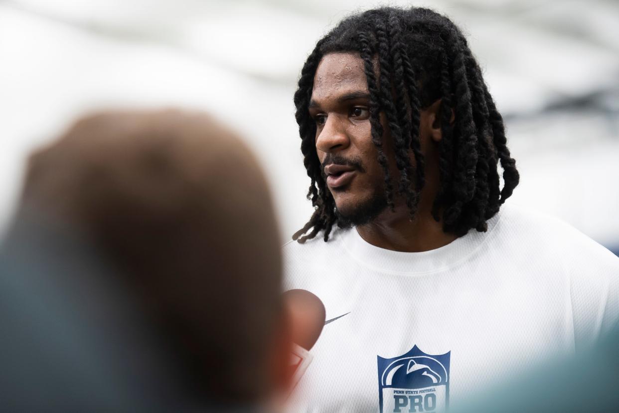 Linebacker Curtis Jacobs answers questions from members of the press during Penn State's Pro Day in Holuba Hall on March 15, 2024, in State College.