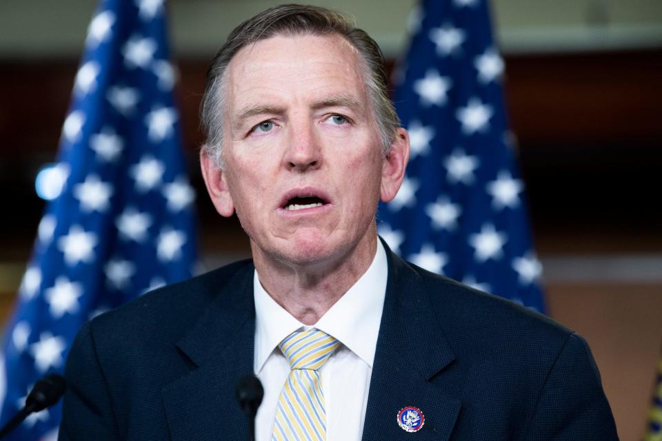 Republican Rep. Paul Gosar of Arizona speaks to reporters about his Fire Fauci bill during a news conference in the Capitol Visitor Center on Tuesday, June 15, 2021.