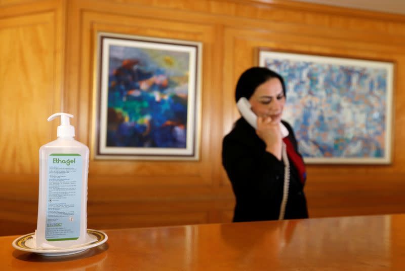 A bottle of hydroalcoholic gel is placed at the reception of Hasdrubal Hotel in Hammamet