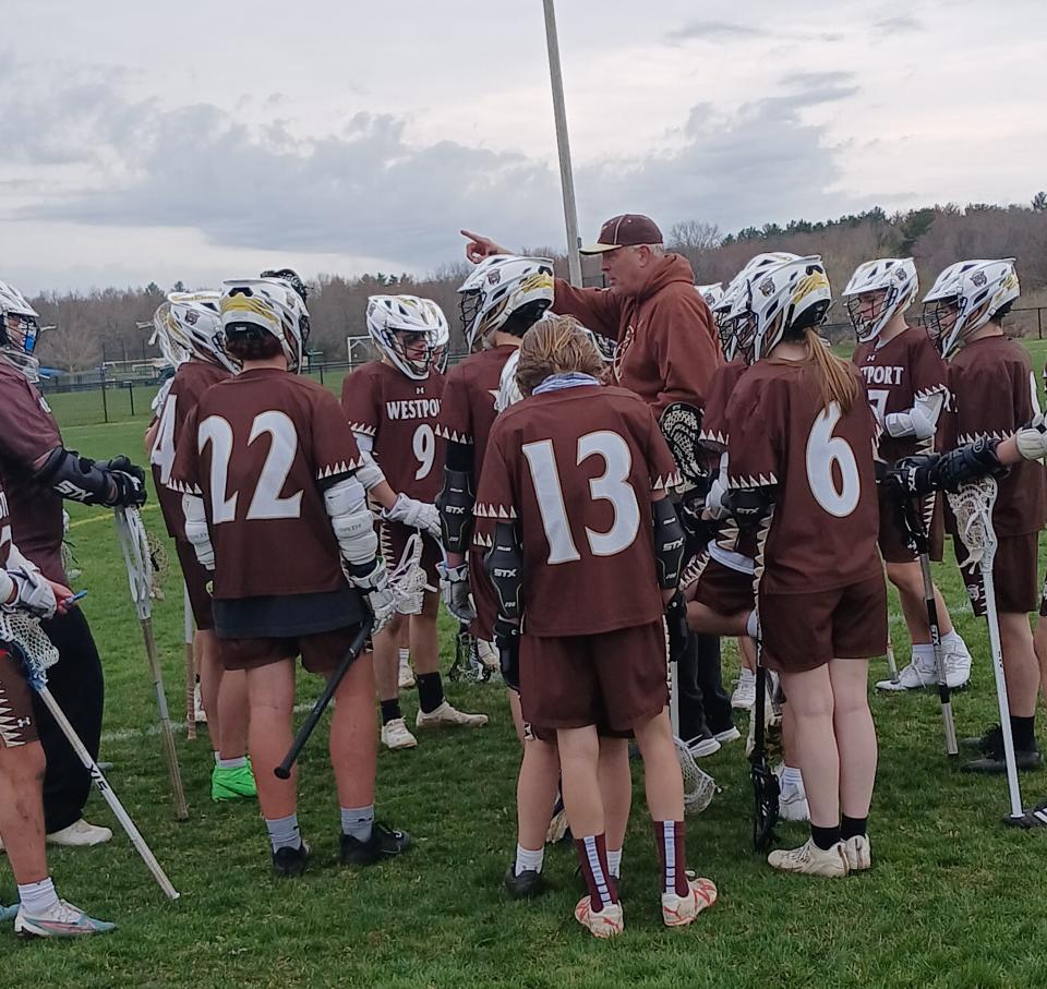 Westport first-year lacrosse head coach Mark Ward speaks with his team during a recent game between the Wildcats and Bristol-Plymouth at Mary-Lou Arruda Soccer Field in Raynham April 19, 2024.