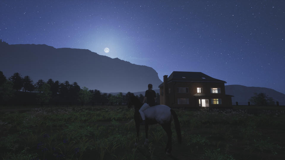 Cincinnati A rider and horse stand in a field under a full moon