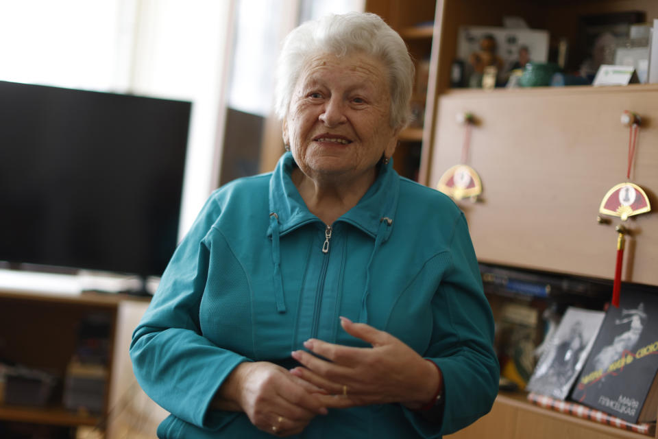 Holocaust survivor Assia Gorban poses during an interview with The Associated Press in Berlin, Germany, Monday, April 3, 2023. Over 100 Holocaust survivors and their descendants are participating in a new social media campaign that illustrates the importance of passing on the Holocaust survivors’ testimonies as their numbers dwindle. (AP Photo/Michele Tantussi)