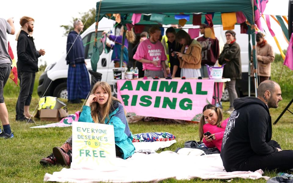 Members of animal rights protest group Animal Rising, demonstrate near to the racecourse's entrance - PA/Mike Egerton