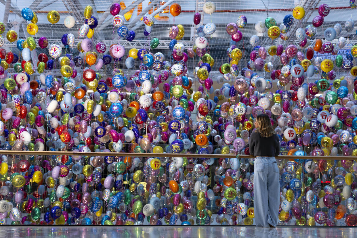 Suicide prevention charity Campaign Against Living Miserably (CALM) unveils their Missing Birthdays installation at Westfield White City London, made up of 6,929 balloons that represent every young life lost to suicide in the last decade (David Parry/PA Media Assignments)