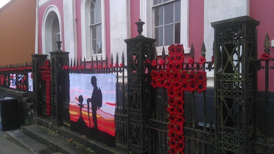 Knitted decorations for Armistice Day in Haverfordwest, Pembrokeshire (Elizabeth Fitzpatrick/PA)