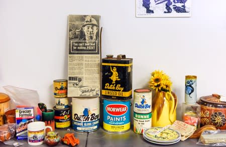 Common sources of lead found in homes, including lead-based paint, are seen displayed at the Alameda County Healthy Homes Department in Oakland