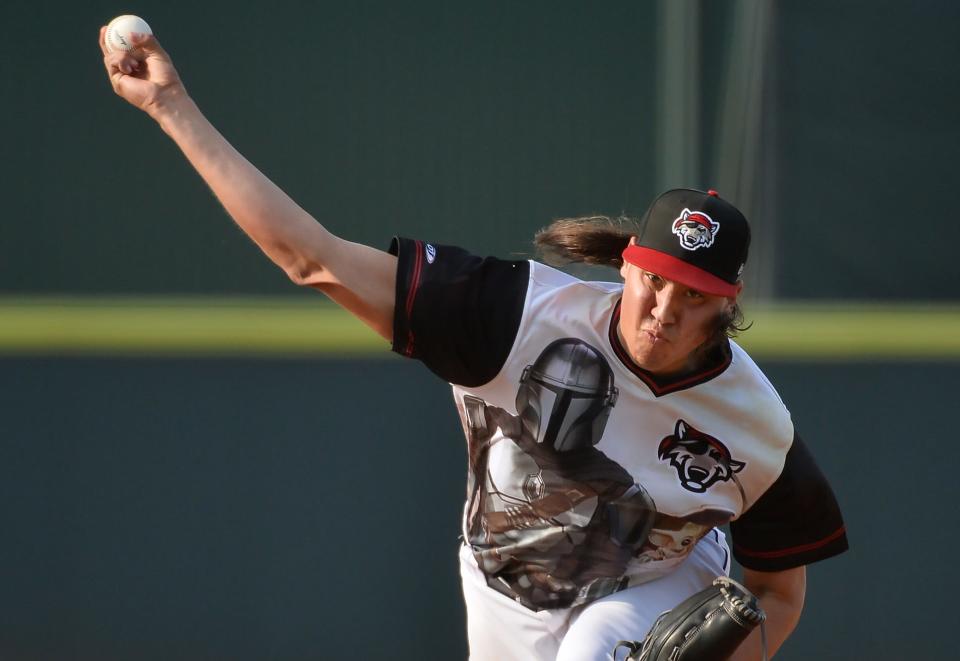 Erie SeaWolves starting pitcher Wilmer Flores throws against the Akron RubberDucks at UPMC Park in Erie on June 30, 2023.