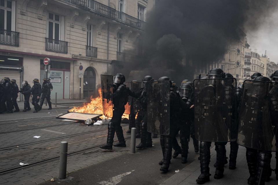 Anti-riot police during the demonstration against pension reform took place in Bordeaux on Thursday, March 23, 2022. There were several clashes between the demonstrators and the police, and at the end of the demonstration, trash fires were set (Photo by Fabien Pallueau/NurPhoto via Getty Images)