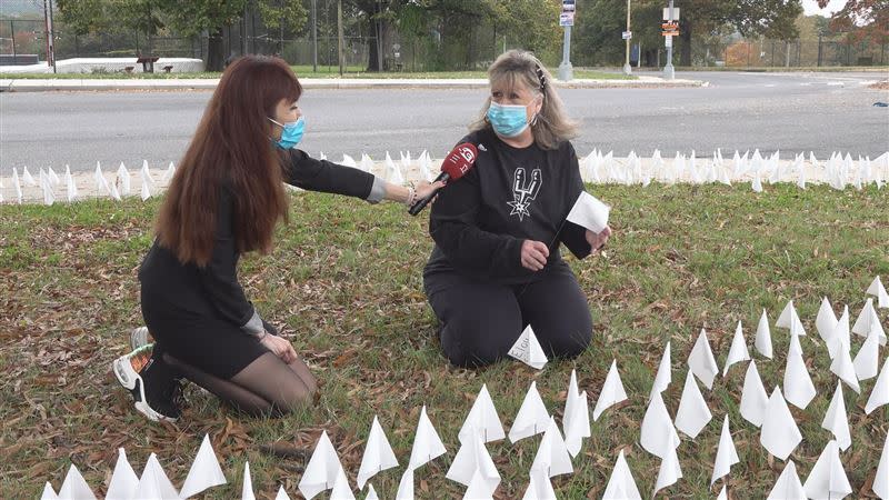 華府草地上插了16萬面小白旗，代表逝去的生命，讓人怵目驚心。（圖／翻攝自三立主播 黃倩萍臉書）