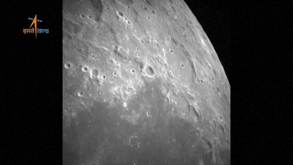 This image from video provided by the Indian Space Research Organisation shows the surface of the moon as the Chandrayaan-3 spacecraft prepares for landing on Wednesday, Aug. 23, 2023. India became the first country to land a spacecraft near the moon’s south pole, which scientists believe could hold vital reserves of frozen water. (ISRO via AP)