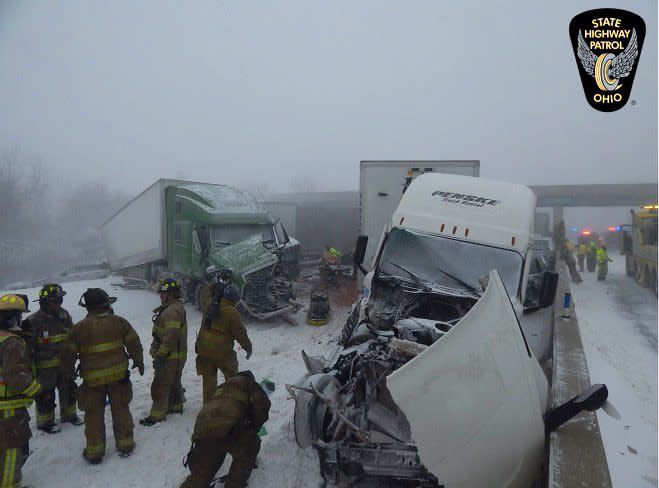 Two 18-wheelers that crashed Friday on the Ohio Turnpike. (Ohio State Highway Patrol)