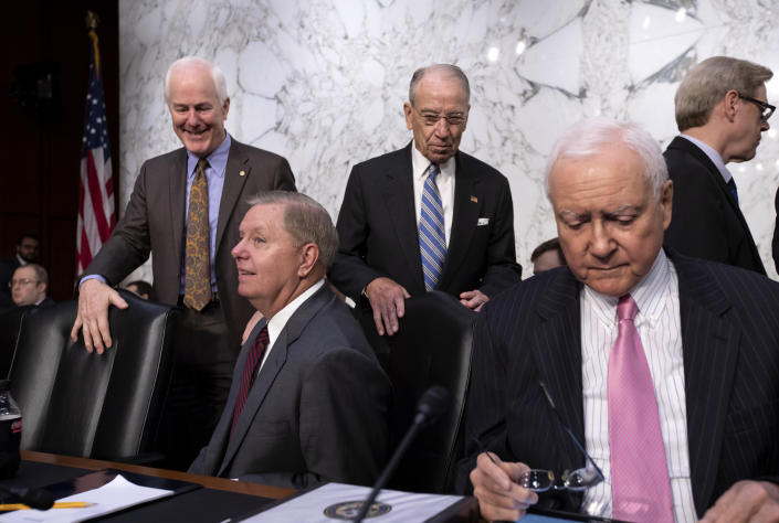 <p>Republican members of the Senate Judiciary Committee, from left, Sen. John Cornyn, R-Texas, Sen. Lindsey Graham, R-S.C., Chairman Chuck Grassley, R-Iowa, and Sen. Orrin Hatch, R-Utah, arrive for the second day of the confirmation hearing for Supreme Court nominee Brett Kavanaugh, on Capitol Hill in Washington, Wednesday, Sept. 5, 2018. (Photo: J. Scott Applewhite/AP) </p>