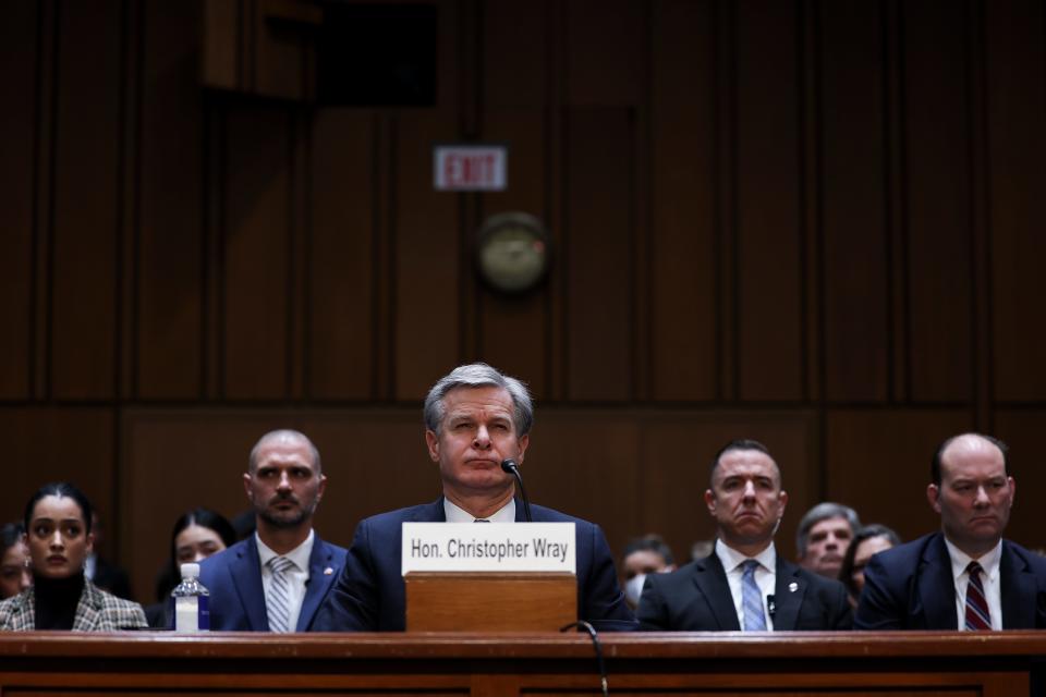 WASHINGTON, DC - DECEMBER 05: Federal Bureau of Investigation Director Christopher Wray testifies before the Senate Judiciary Committee in the Hart Senate Office Building on Capitol Hill on December 05, 2023 in Washington, DC. Wray used the oversight hearing to call for a renewal the Foreign Intelligence Surveillance Act's Section 702 authorities, which allow the FBI and other intelligence agencies to spy on foreigners. (Photo by Kevin Dietsch/Getty Images) ORG XMIT: 776071595 ORIG FILE ID: 1833178801